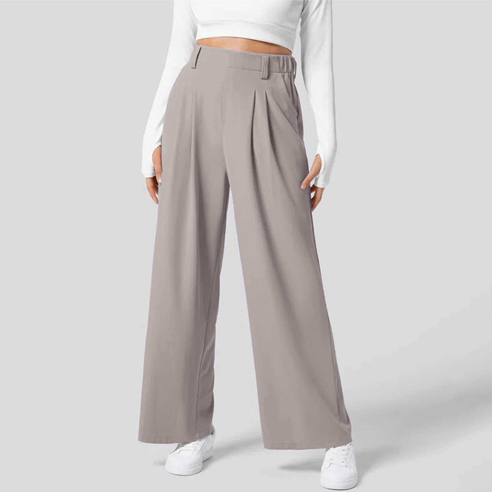 thumbnail image 2 of Pantalones de vestir de cintura alta y pierna ancha para mujer: cintura elástica, algodón y lino, bolsillos; pantalones informales de oficina., 2 of 7